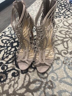 SCHUTZ Taupe Strappy Braided High-Heel Sandals